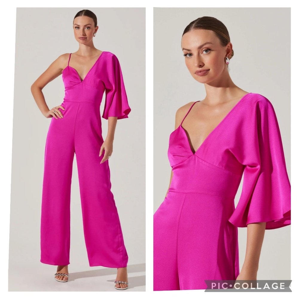 NWT ASTR  The Label  PINK  one-shoulder sleeve satin jumpsuit size Small